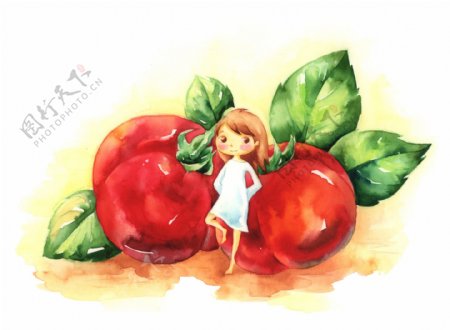 西红柿与小女孩彩绘PSD
