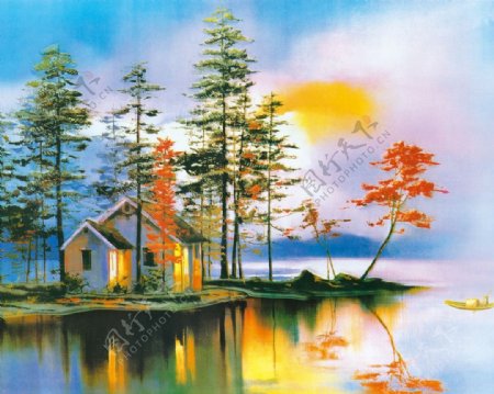 水边乡村小屋风景油画