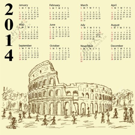 罗马竞技场2014年份的日历
