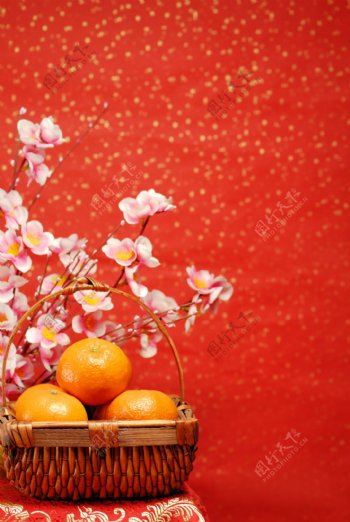 桃花桔子喜庆新年背景图片