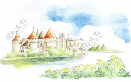 卡通河边城堡背景