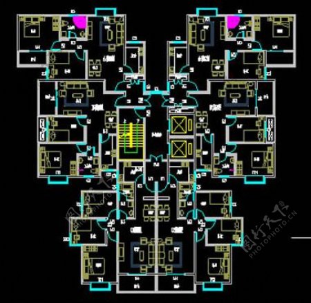 经典户型一梯六户CAD图纸免费下载