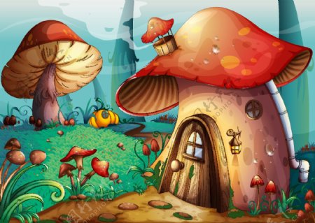 卡通森林蘑菇房子矢量素材