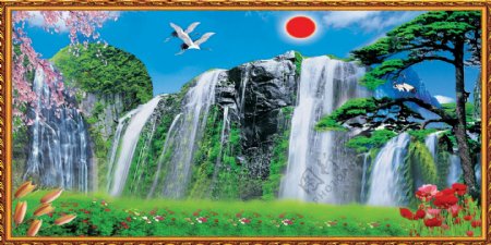 仙鹤瀑布合成自然风景图