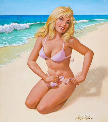 沙滩金发美女油画图片