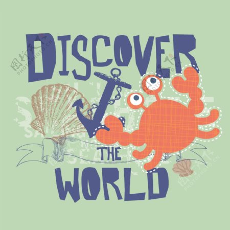 印花矢量图T恤图案图文结合卡通动物螃蟹免费素材