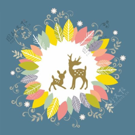 印花矢量图T恤图案动物鹿花纹免费素材