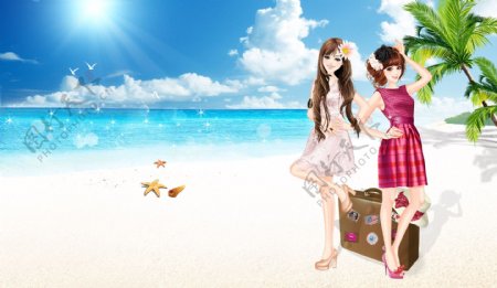 卡通沙滩女孩海边背景