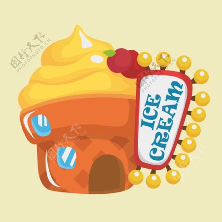 印花矢量图可爱卡通建筑冰淇淋店色彩免费素材