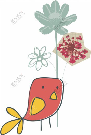 印花矢量图卡通动物小鸟卡通植物花朵免费素材