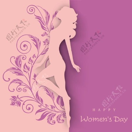 三八妇女节贺卡或海报的橙色和紫色的背景上的舞姿女孩轮廓设计