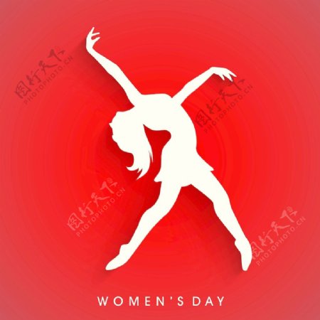三八妇女节贺卡或海报的亮红色的背景上的一个年轻女孩的舞姿白色的轮廓设计