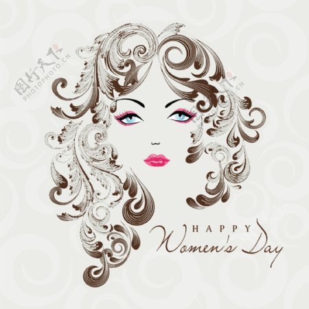 三八妇女节贺卡或海报以花装饰毛美女插画设计