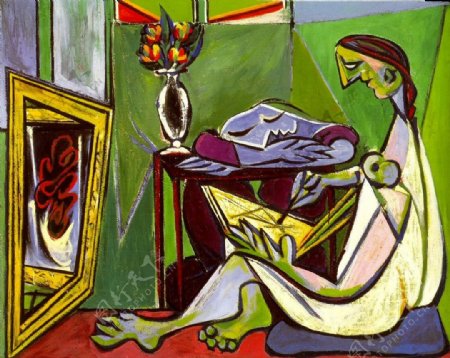 1935LamuseJeunefemmedessinantdansunint淇絠eur西班牙画家巴勃罗毕加索抽象油画人物人体油画装饰画