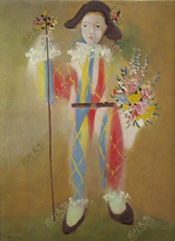 1923Paulenarlequinavecdesfleurs西班牙画家巴勃罗毕加索抽象油画人物人体油画装饰画
