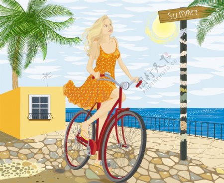 夏日骑自行车的美女图片