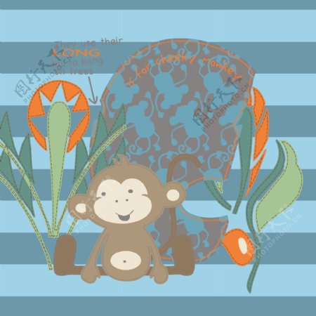 印花矢量图卡通动物猴子植物免费素材