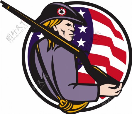 用步枪和国旗的美国爱国者民兵