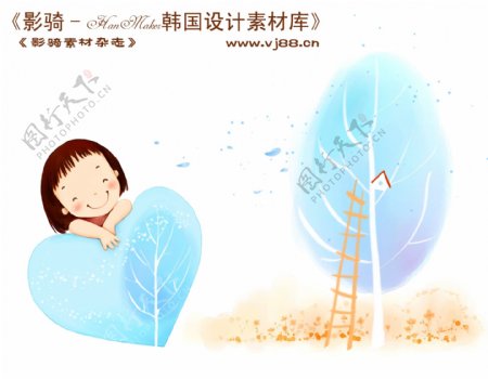 HanMaker韩国设计素材库背景卡通漫画可爱梦幻童年孩子女孩树树枝