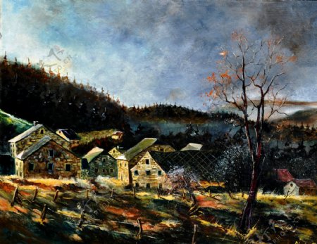 油画秋天的村庄图片