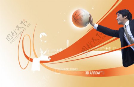 橙红色动感花纹和打篮球的男士