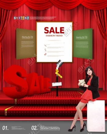 红色舞台上的美女和红色sale