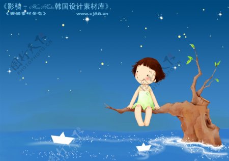 HanMaker韩国设计素材库背景卡通漫画可爱梦幻童年孩子女孩星空夜空树干