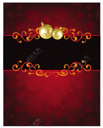 金色的圣诞装饰在红色的节日贺卡背景