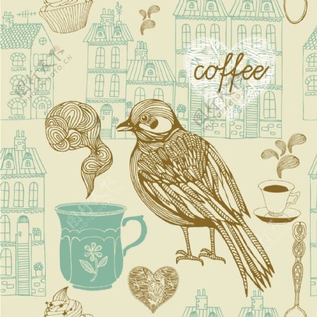 咖啡的鸟类和建筑