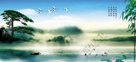 松鹤山水划船图图片