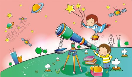 孩子们看望远镜免费矢量