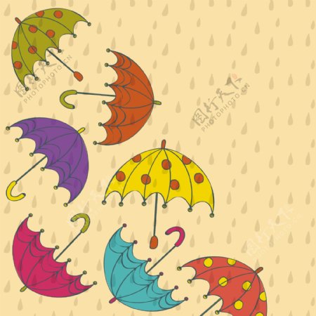 摘要背景与雨季雨水和五颜六色的雨伞