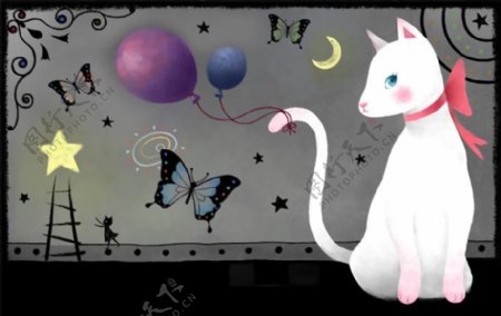 位图卡通风格动物小猫蝴蝶免费素材
