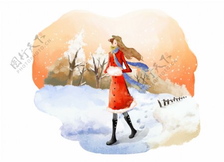 HanMaker韩国设计素材库背景漫画卡通淡彩人物女人行走雪天