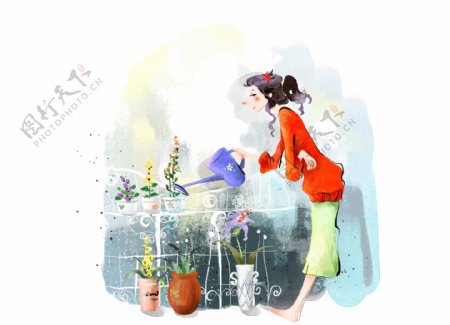 HanMaker韩国设计素材库背景漫画卡通淡彩人物女人浇花