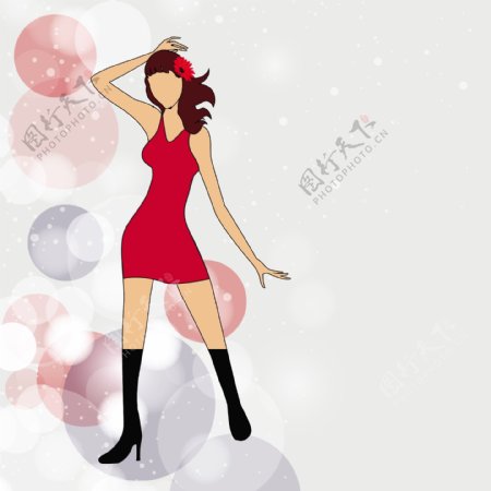 年轻的时尚穿红色衣服的女孩在抽象的闪亮的背景