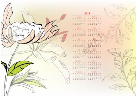 粉红色系花卉2013年日历模板