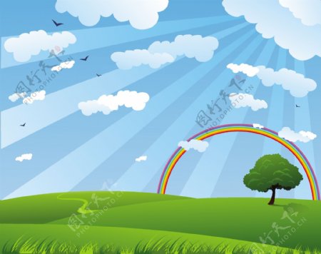 椰子树和彩虹云朵矢量素材01