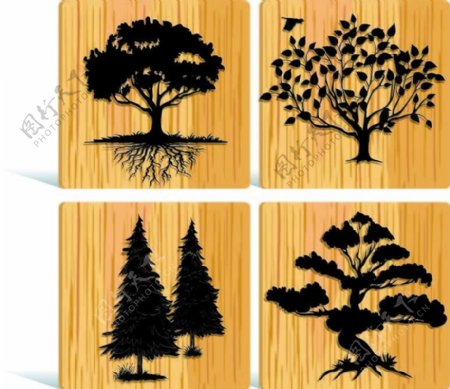 一组木纹背景的树木剪影矢量素材