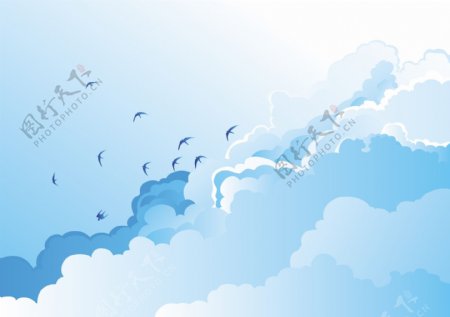 飞在蓝天白云的自由的小鸟矢量素材