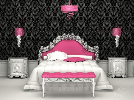 古典花纹墙壁双人床室内设计图片