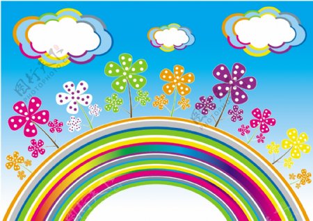可爱的花云矢量素材的彩虹