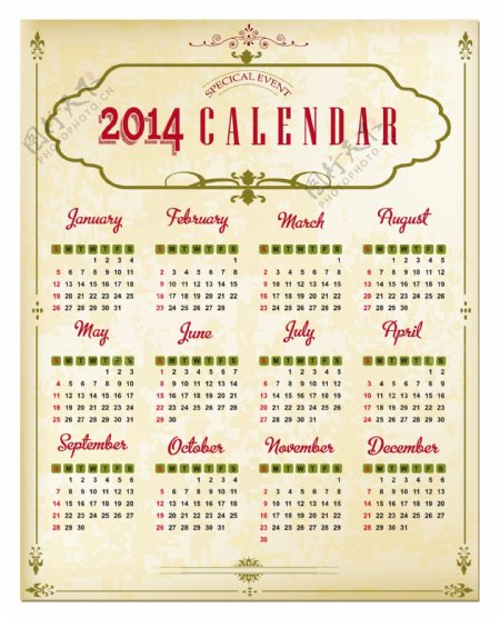 2014年份的日历矢量