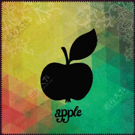 苹果的轮廓在时髦的复古摇滚背景纸背景与花卉装饰和几何图形的黑色剪影矢量插画标签字体三角形