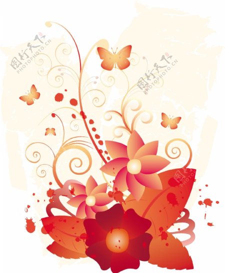 藤蔓蝴蝶和花朵插画