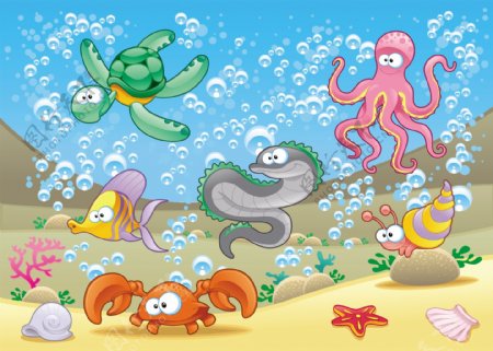 丰富多彩的卡通的海洋动物海洋背景