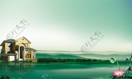 龙腾广告平面广告PSD分层素材源文件房地产水天一色别墅青山绿水平静的水面天空