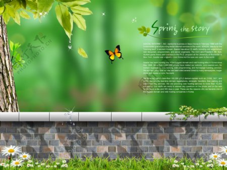 围墙上的蝴蝶和绿叶