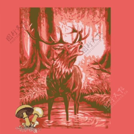 印花矢量图动物麋鹿森林色彩免费素材