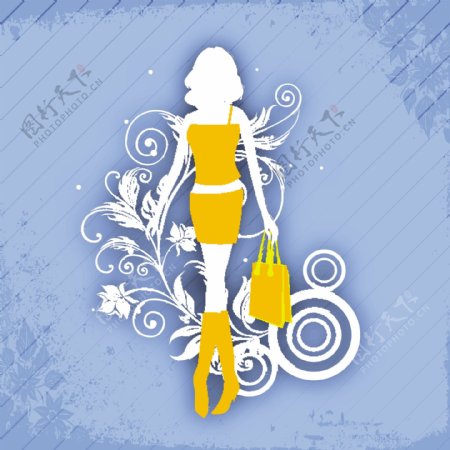 一个年轻时尚的女孩与花装饰蓝色背景的购物袋illustartion